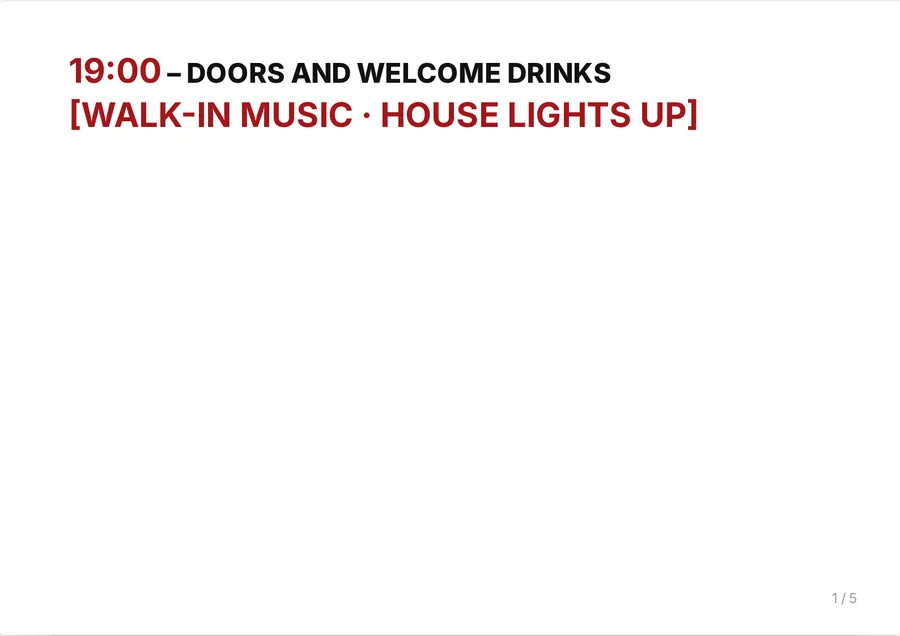 Card 1 of 5: 19:00 doors and welcome drinks with the walk-in music cue