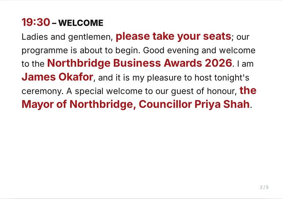Card 2 of 5: 19:30 welcome with the event name, the host’s name and the guest of honour highlighted