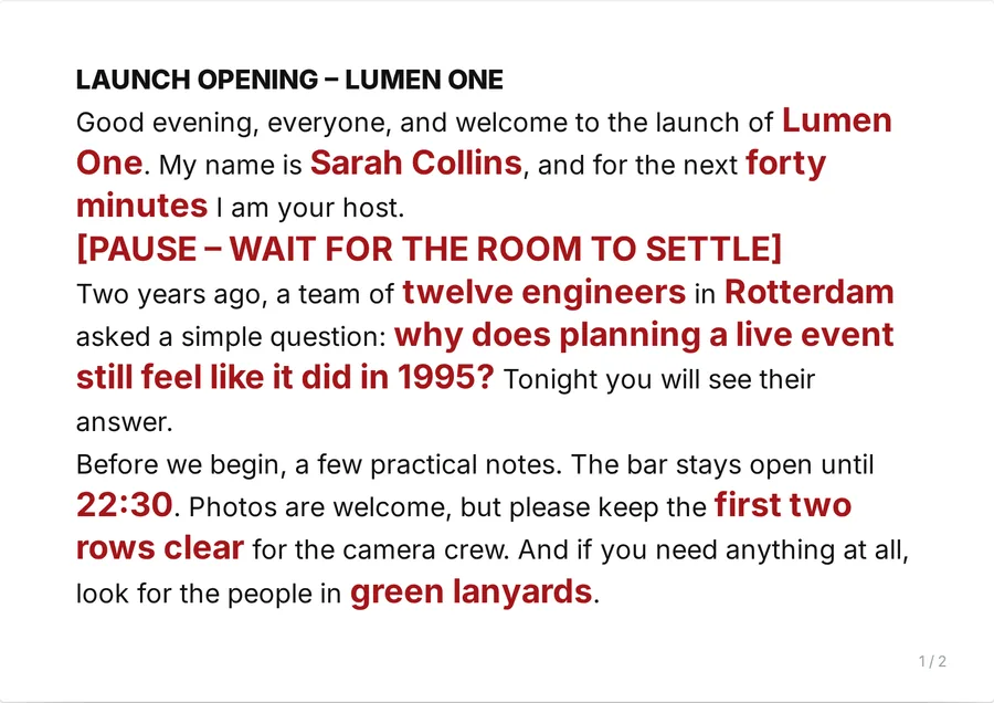 Card 1 of 2: welcome, a pause cue in brackets and practical notes, with names, numbers and the time 22:30 in crimson