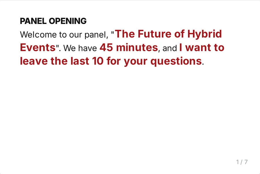 Card 1 of 7: panel opening with the title and the 45-minute timing highlighted