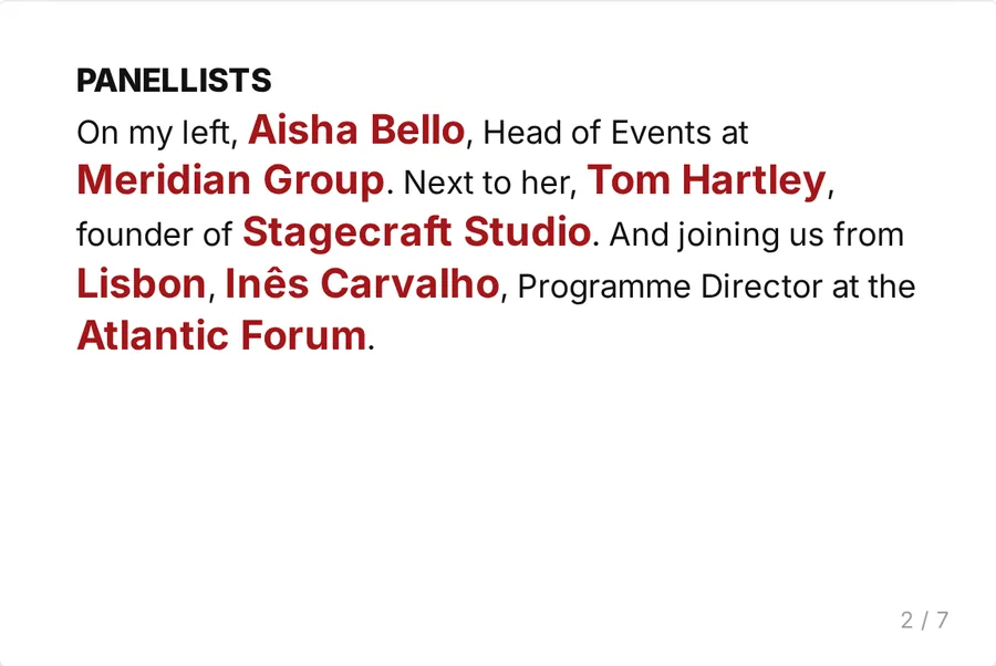 Card 2 of 7: panellist introductions with every name and organisation highlighted