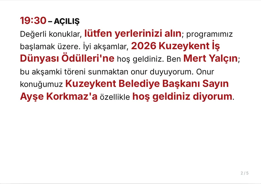 Kart 2/5: 19:30 açılış; etkinlik adı, sunucunun adı ve onur konuğu vurgulu