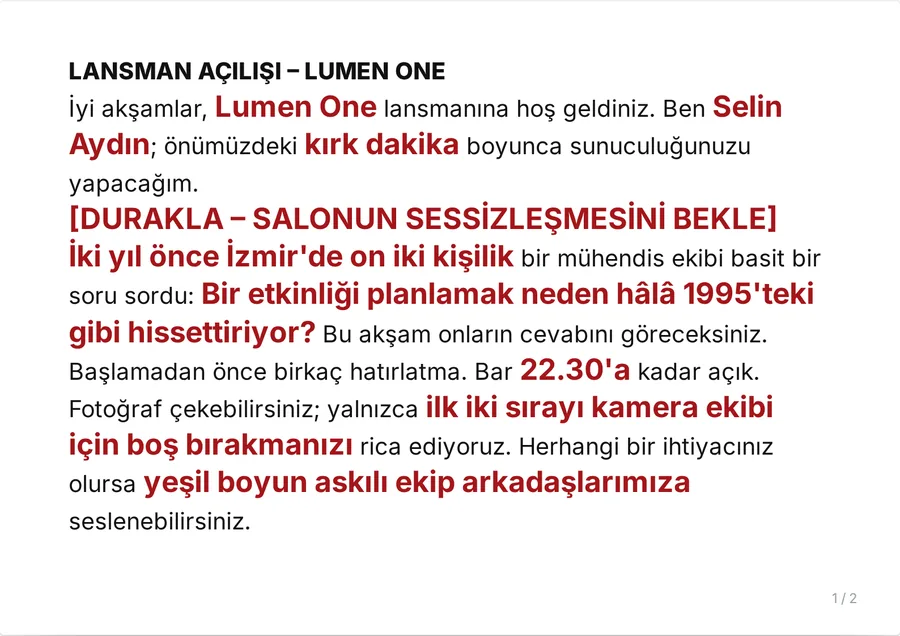Kart 1/2: karşılama, köşeli parantezli duraklama komutu ve hatırlatmalar; isimler, rakamlar ve saat kırmızı