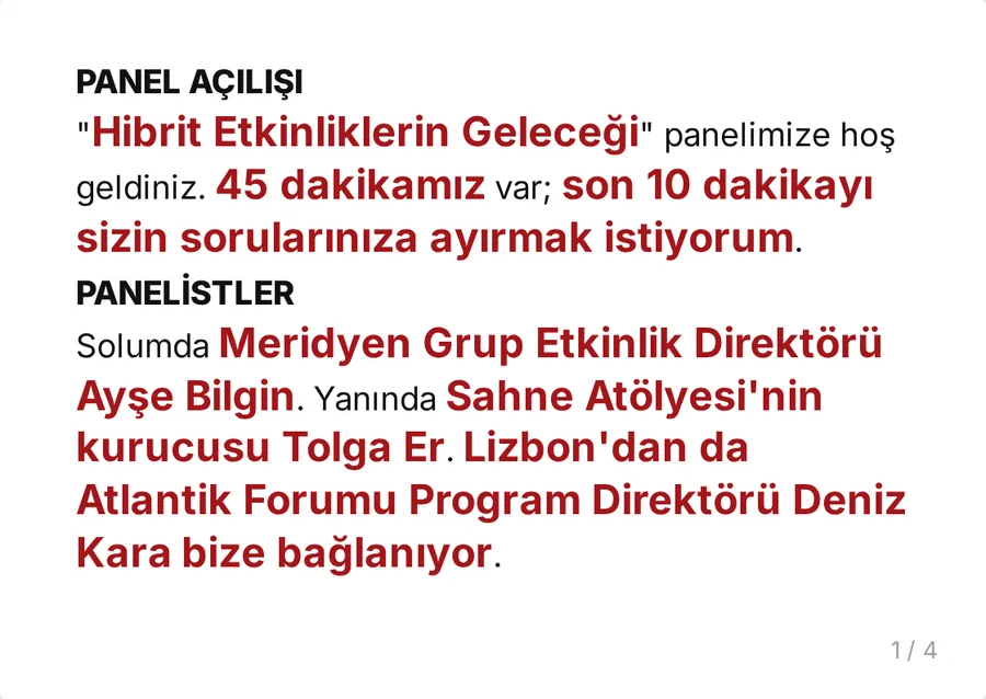Kart 1/4: panel açılışı ve panelist tanıtımı; isimler ve kurumlar vurgulu